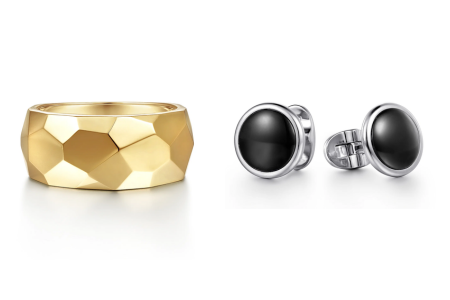 A textured Gabriel & Co. men’s ring, and sleek Gabriel & Co. cufflinks, available at The Wedding Ring Shop.