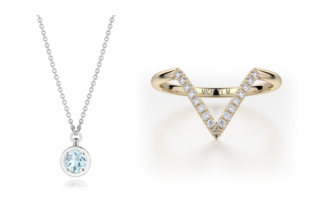 A delicate TACORI pendant necklace and a distinctive Michael M ring, available at The Wedding Ring Shop.