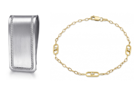 A simple yet elegant Gabriel & Co. money clip and a delicate Michael M bracelet, available at The Wedding Ring Shop.