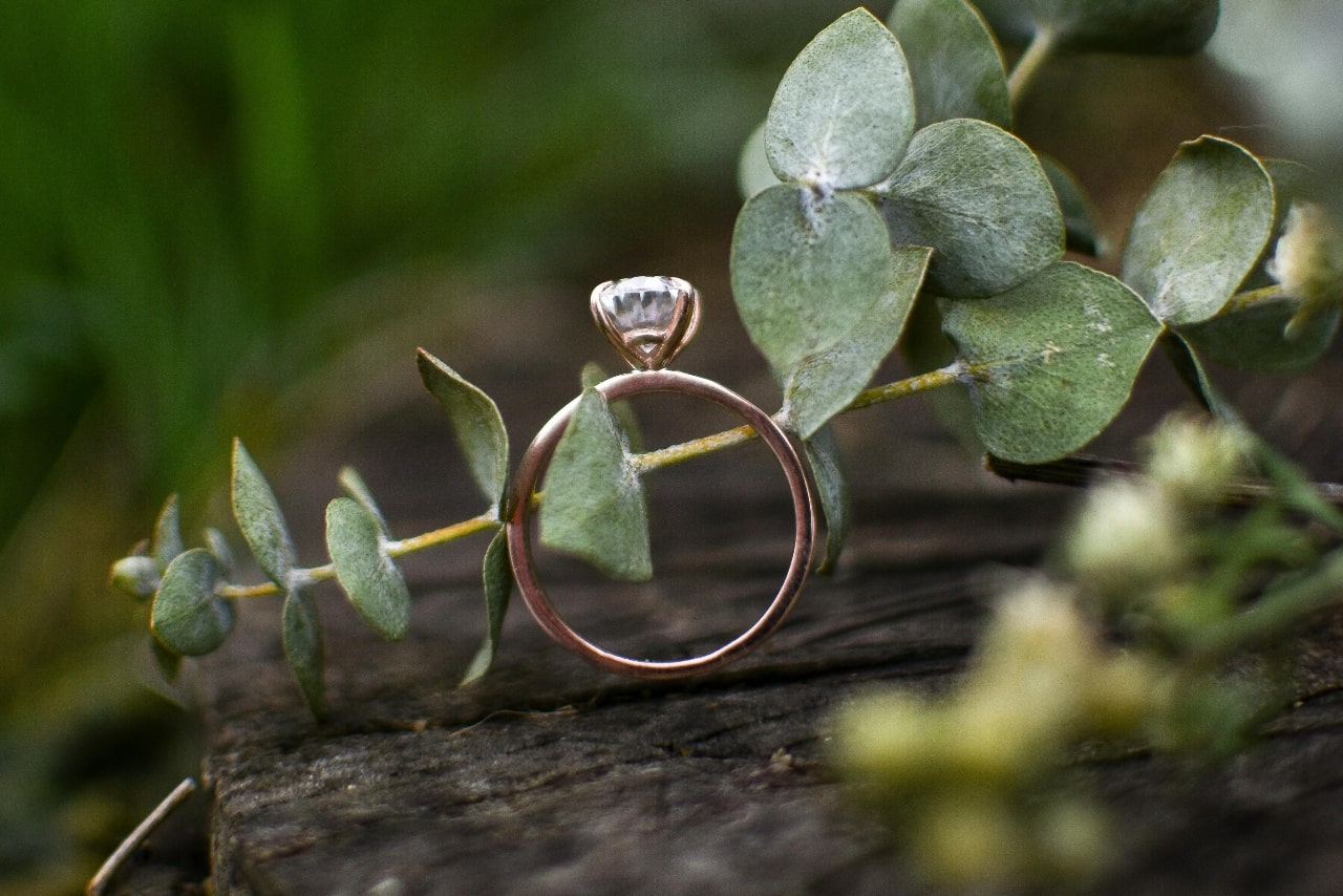 A close-up of a rose gold engagement ring sitting among greenery and on a piece of wood.