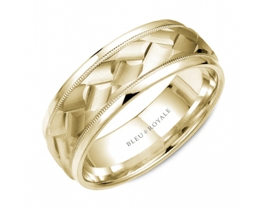 a yellow gold textured wedding band for men by Bleu Royale