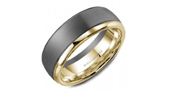 A tantalum wedding featuring a polished yellow gold interior, available at The Wedding Ring Shop.