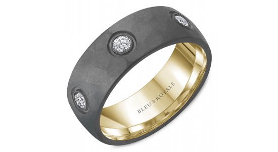 A tantalum wedding band with round cut diamonds and a yellow gold interior, available at The Wedding Ring Shop.