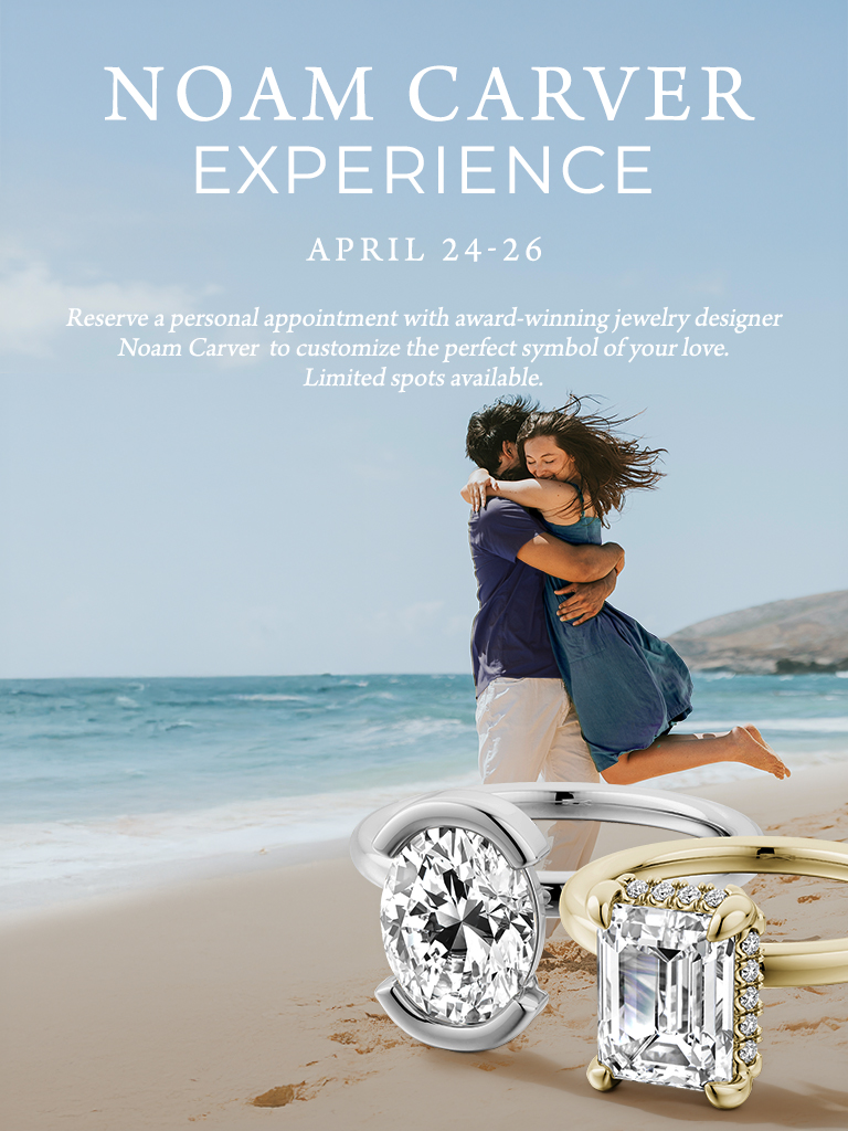 Noam Carver Experience Noam Carver Experience banner featuring a happy couple on the beach with bridal jewelry